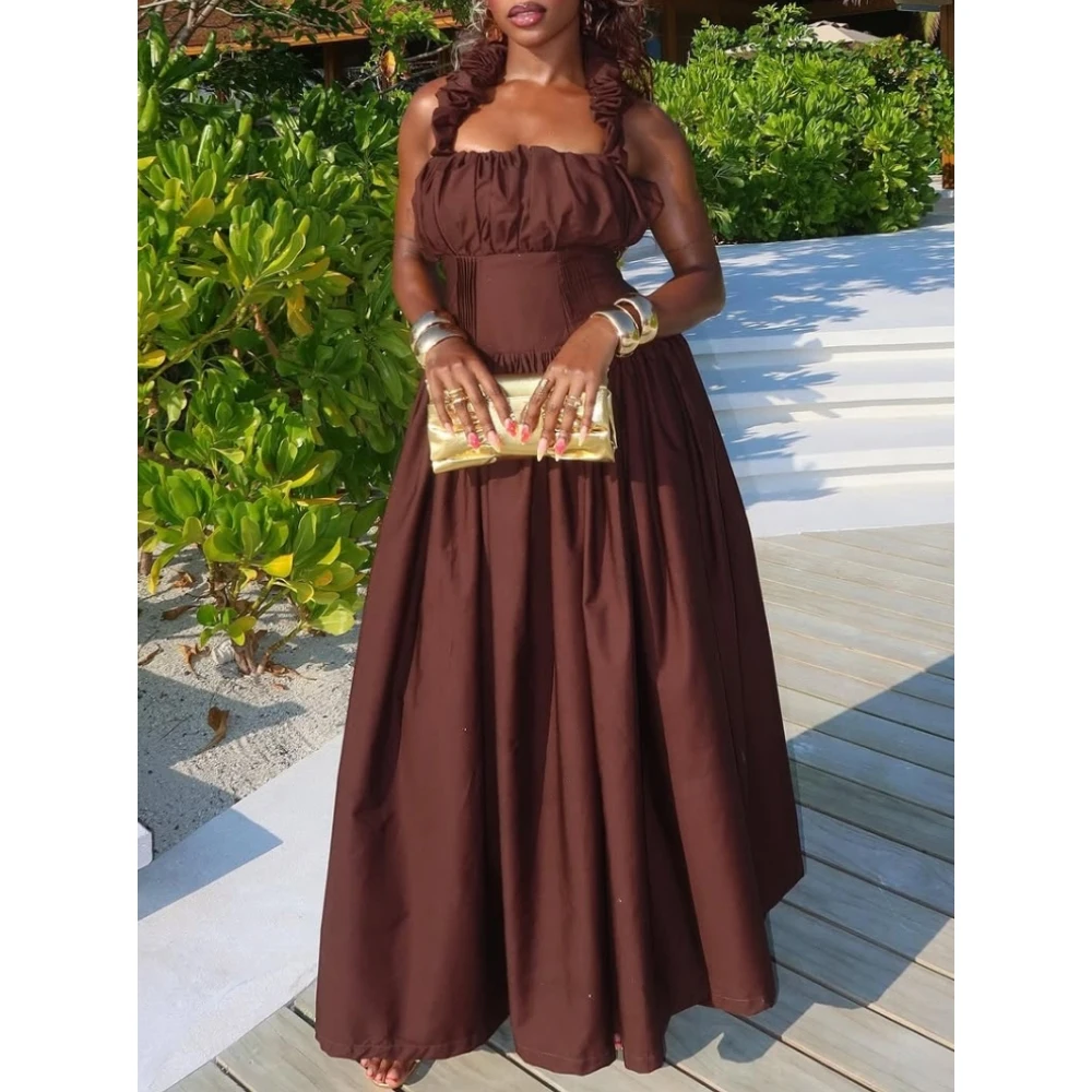 

Ruffle Trim One Shoulder Maxi Dress Women Square Neck Smocked Waist A Line Flared Solid Brown Formal Long Gown Elegant Outfit Fo