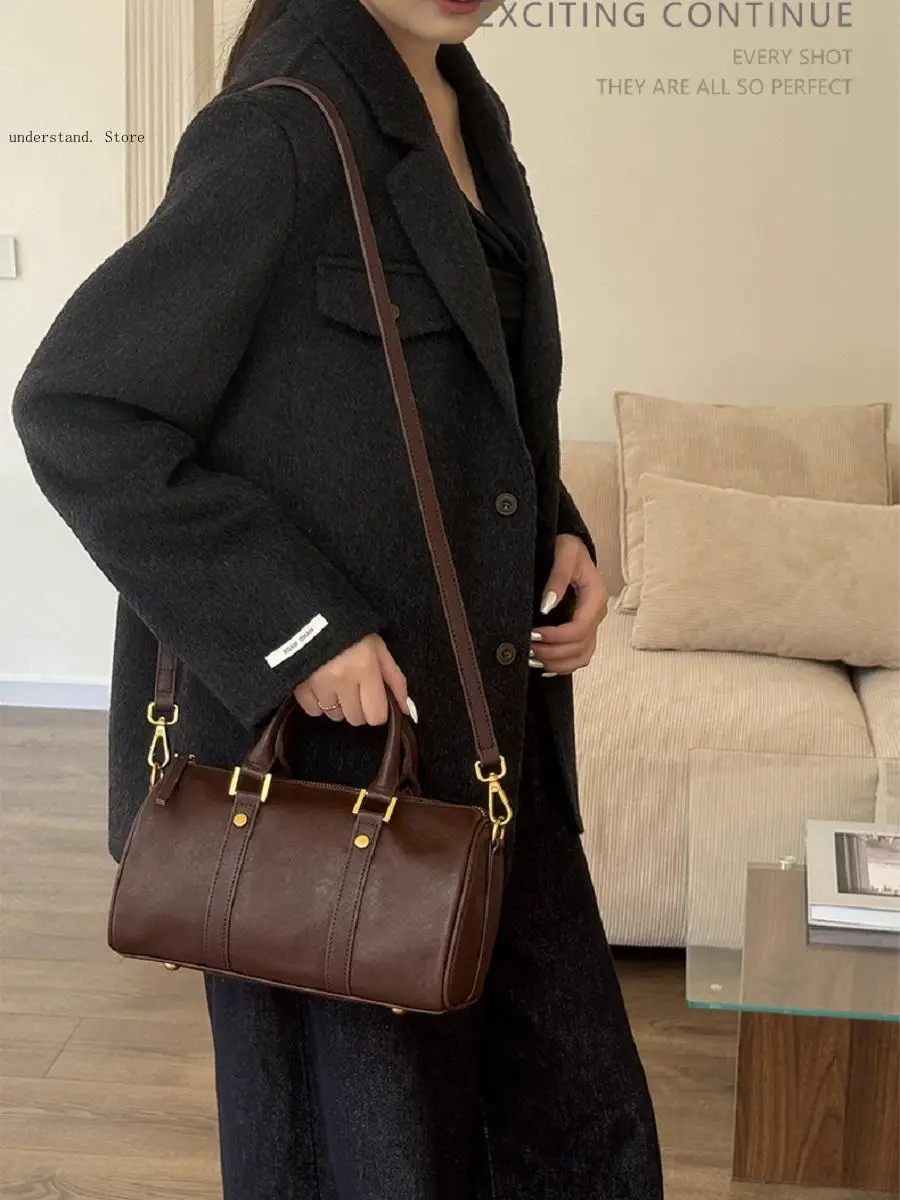 Genuine Leather Maillard Vintage Handbag Women's Light Luxury and Western-Style Vegetable Tanned Cowhide Crossbody Bag