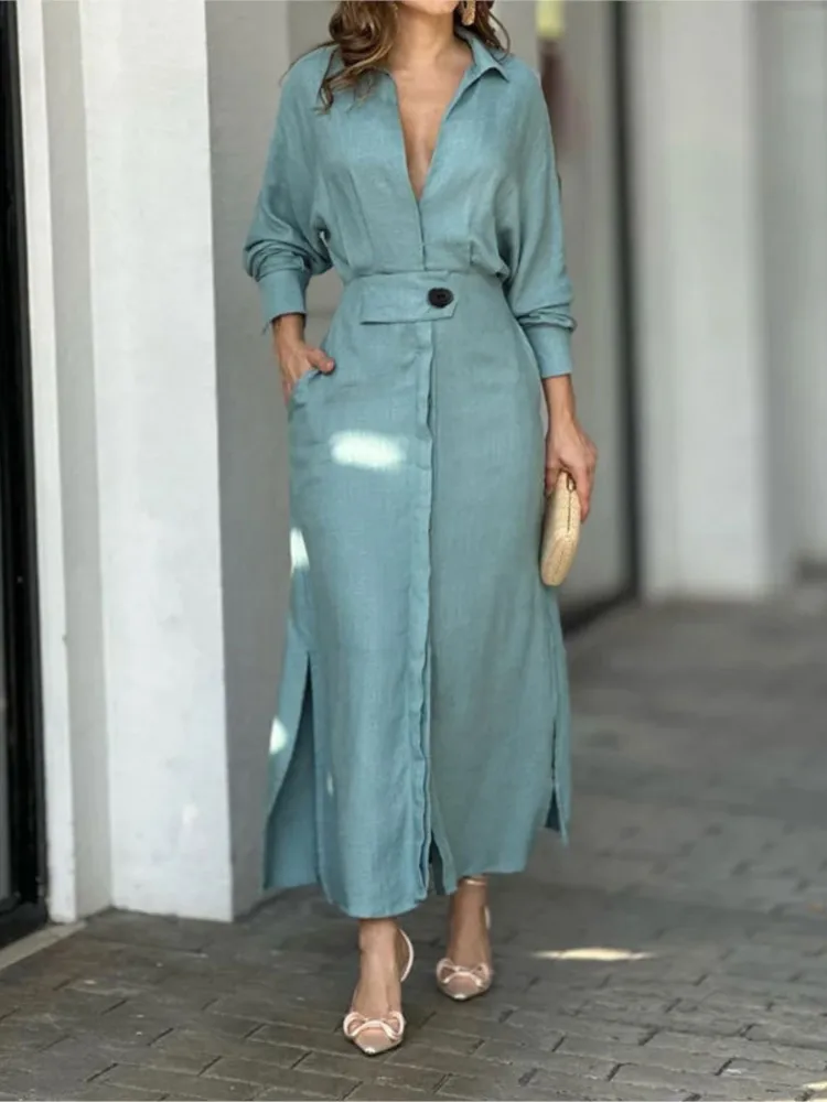 

Fashion Shirt Dress For Women Luxury Elegant Solid Color Dress 2024 Spring Party Slip Pocket Long Sleeve Irregular Dresses Blue