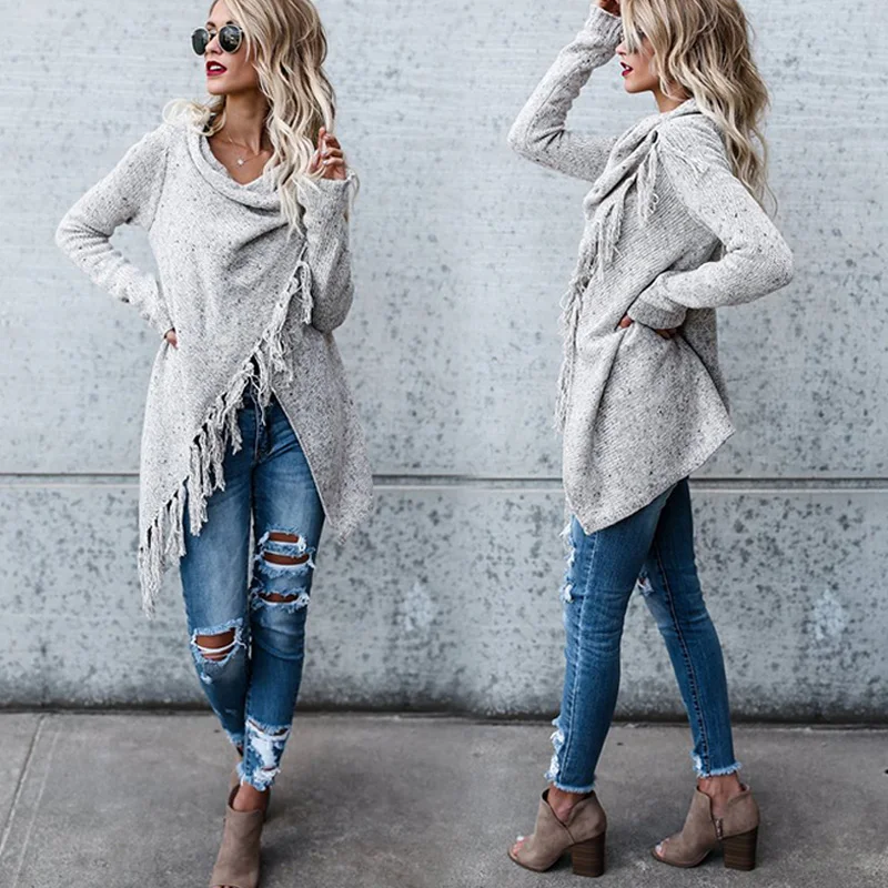 Women Knitted Warm Sweater Winter Cardigans Long Sleeve Tassel Fringe Shawl Poncho Oversized Cardigan