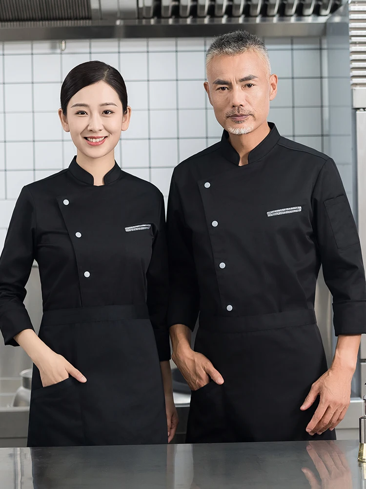 Restaurant Chef Shirt  Kitchen Coat Stand Collar Long Sleeve Hotel Cook Uniform Cafe Bakery Pastry Work Clothes Tops and Apron