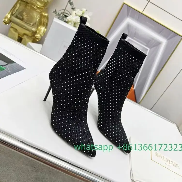 Fly Weave Pointed Toe Ankle Boots Diamonds Slip on Sock Boots Rhinestone Women Shiny Shoes Stiletto Heel Sexy Fashion Boots