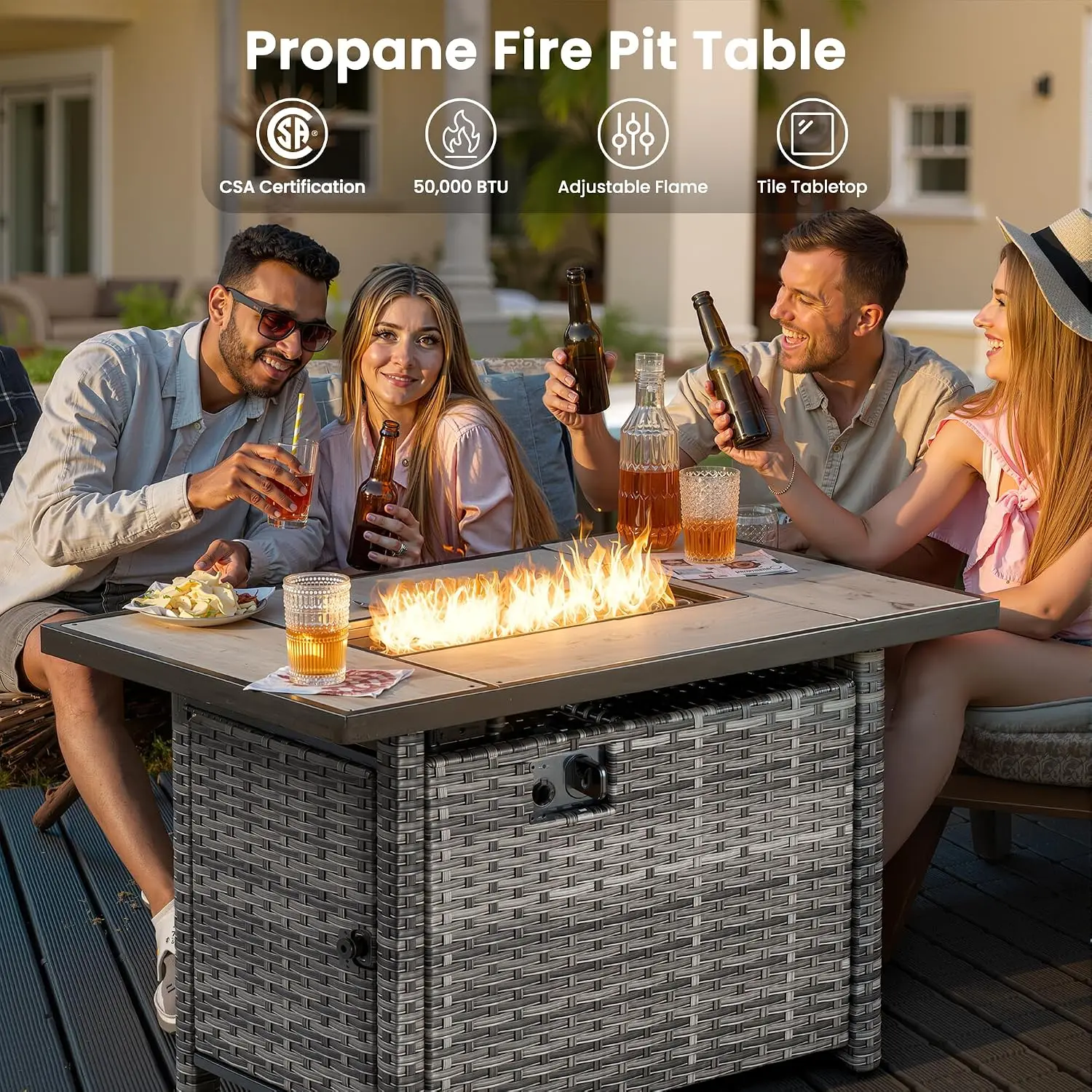 42 Inch Outdoor Patio Fire Pit Table, 50,000 BTU Heater PE Rattan Propane Firepits with Ceramic Tabletop,, Customized