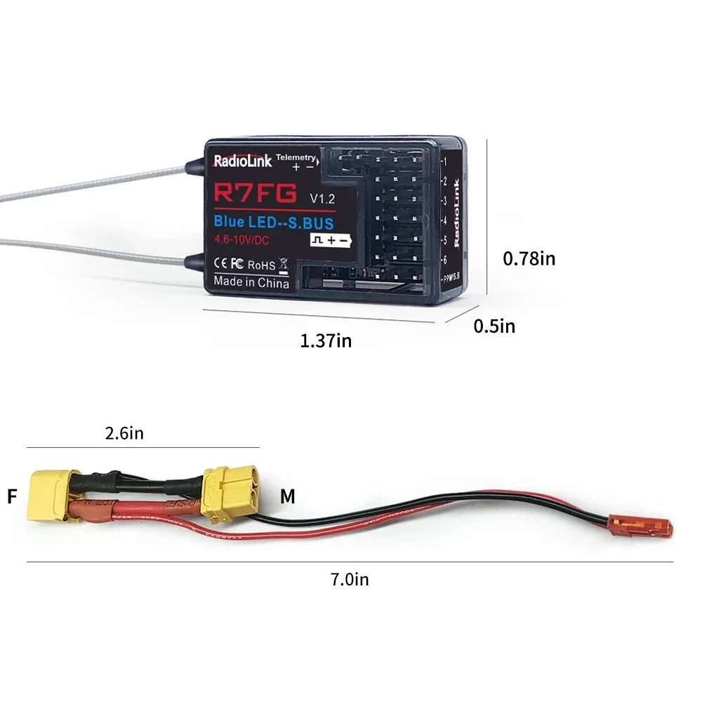 RadioLink R7FG 2.4GHz 7CH Dual Antenna Reciever High Voltage Integrated Gyro Version For Radiolinks RC6GS RC Transmitter