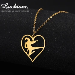 Lucktune Taekwondo Kongfu Fight Figure Heart Pendant Necklace Stainless Steel Karate Fight Chain Necklace Jewelry for Sportsman