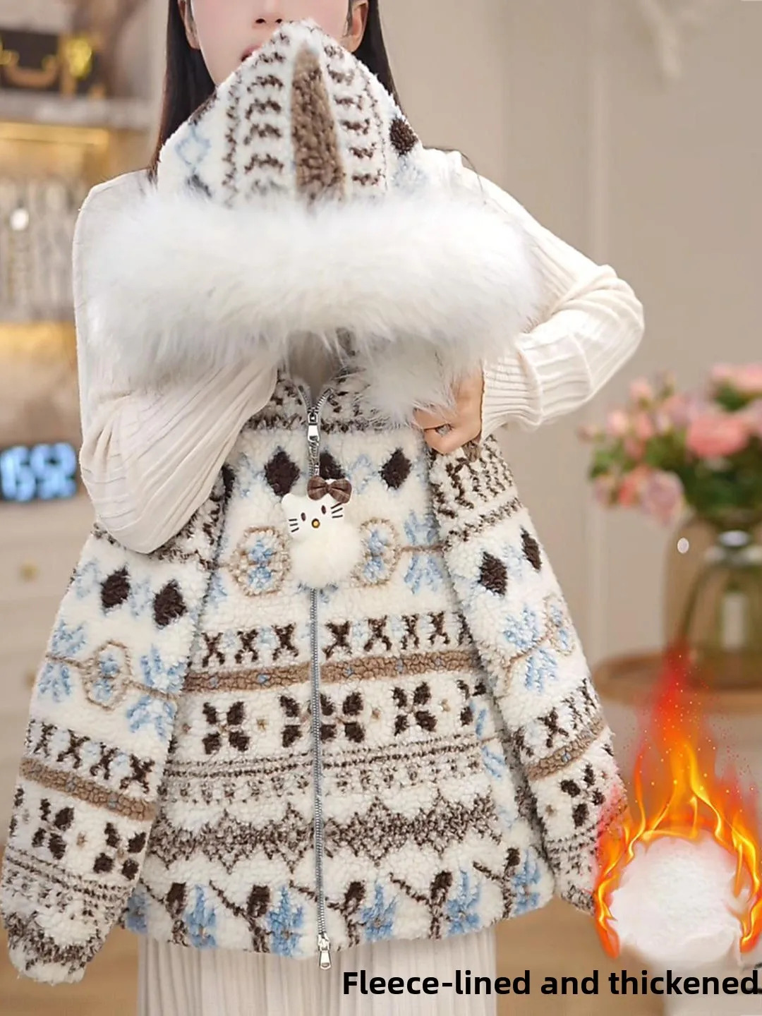 

Girls Winter Coat Lamb Fur Collar Hooded Thiened Fce Warm Cotton Jaet Outerwear Trendy Contrast Color Sweet Sle