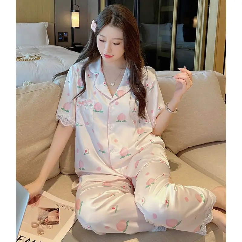 Womens Satin Pajamas Short Sleeve Button Sleepwear Peach Print Lace Trim Silk Loungewear Two Piece Pj Sets Long Pants Pijama New