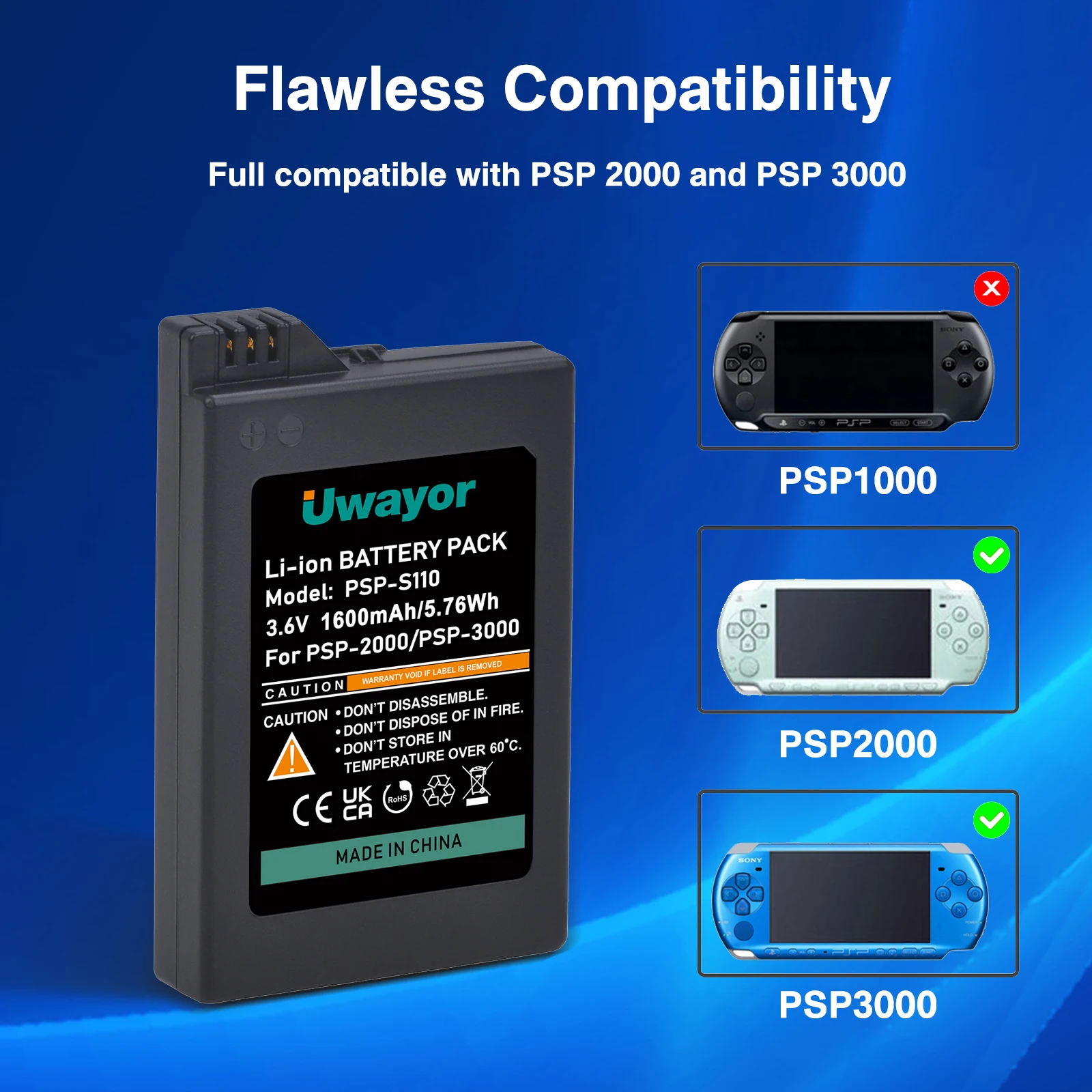 Аккумулятор UWayor PSP 3000/2000, 1600 мАч с кабелем зарядного устройства PSP для консоли PSP3000/PSP2000, PSP-3001, PSP-3000, PSP-3002, PSP-S110