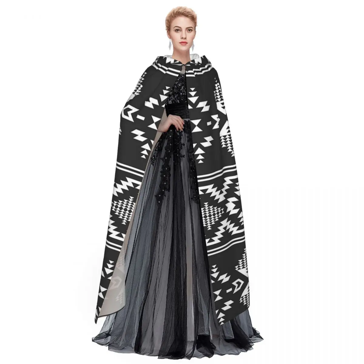 Tribal Navajo azteca étnico Hipster estampado capa larga con capucha bruja disfraz Medieval capa de Cosplay abrigo de Halloween adulto Unisex