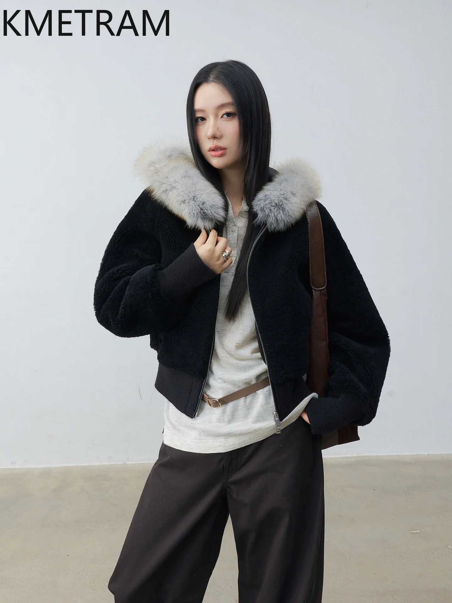 KMETRAM Natural Merino Sheepskin with Wool Attached Coat Hooded Woman Short Real Fur Jacket with Fox Collar 2025 Winter Clothes
