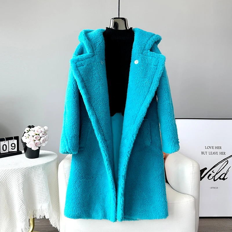 Women Real Wool Warm Teddy Fashion Coat Female Sheep Shearling Winter Long Hooded Jacket Parka JT3399