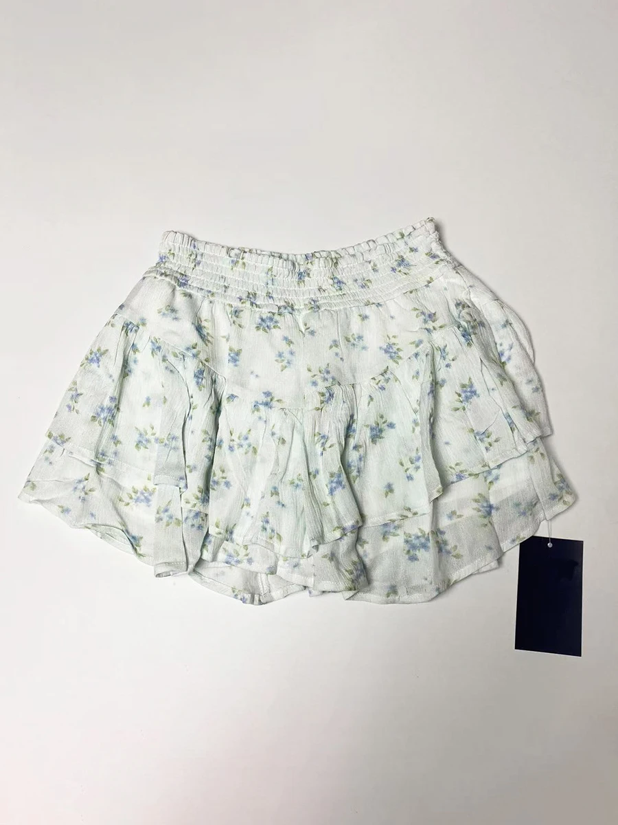 Minifalda escalonada con estampado Floral azul para mujer, Faldas acampanadas con volantes y cintura alta elástica, Faldas cortas informales dulces a la moda, novedad