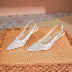 2025 New Hot Pointed Toe Women Heels Sexy Air Mesh Lace High Heels Sandals Thin Heels Back Strap Hollow 7cm Party Heel Shoes