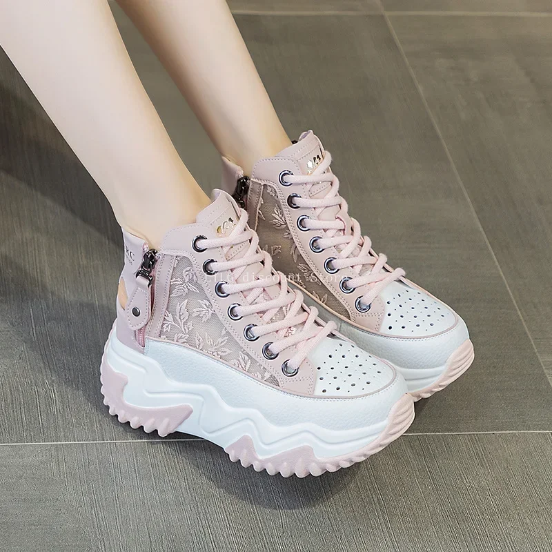 Shoes for Women Bilateral Zipper  White Platform Shoes Woman 2024 New Pink Sneaker Increase Leather Running Shoes Summer Spring