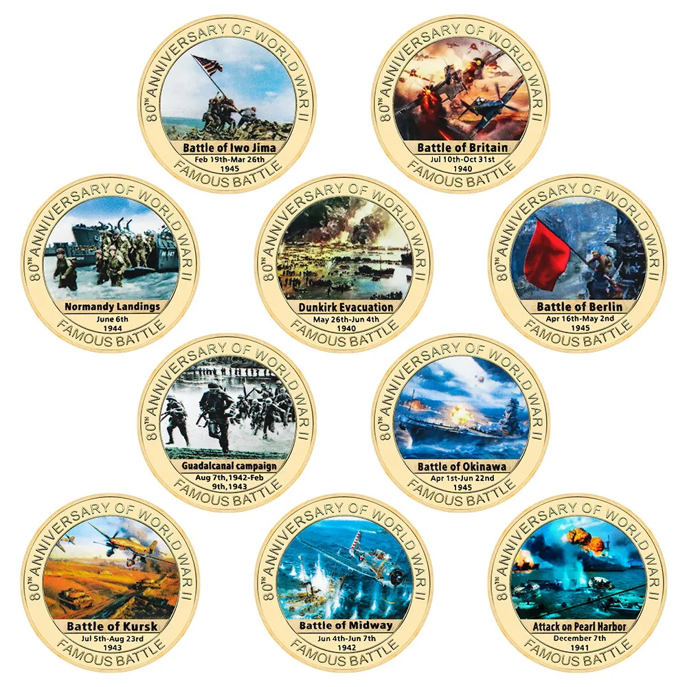 10pcs World War II Famous Battles Commemorative Coin Set 80th Anniversary Gold Plated Collectible