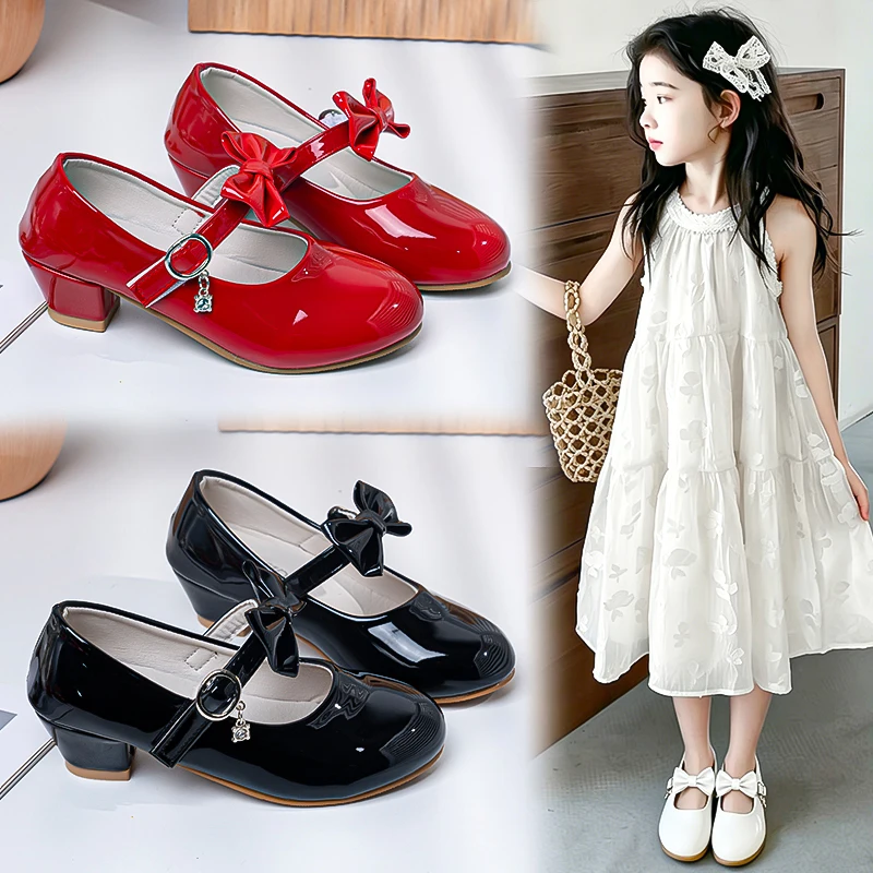 Girls Dress Shoes for Wedding Party Black Red White Kids High Heels with Bow-knot Kids Mary Janes Chic Elegant PU Patent Leather
