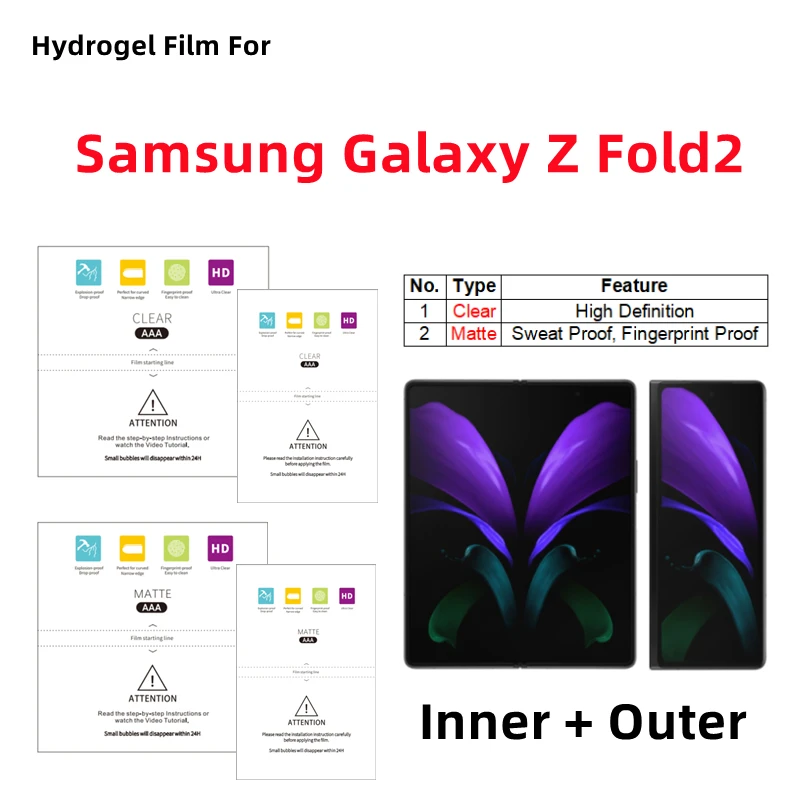 Inner + Outer Matte Hydrogel Film For Samsung Galaxy Z Fold2 Clear Protective Film Folding Phone Galaxy Z Fold2 Screen Protector