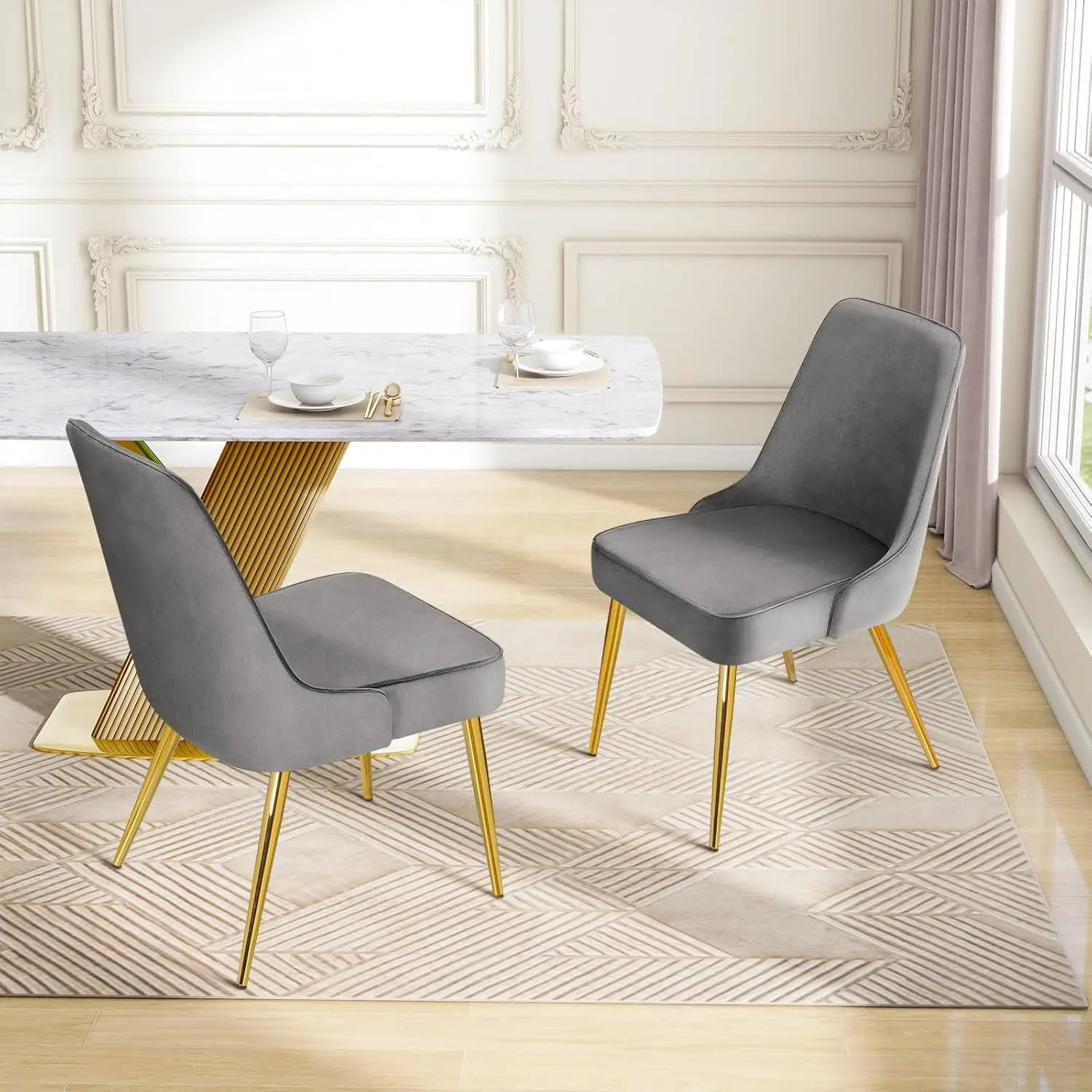 Dining Chairs Sets of 2, Mid-Century Modern Comfy Side Upholstered Chair with Gold Legs for Kitchen Living Room Grey