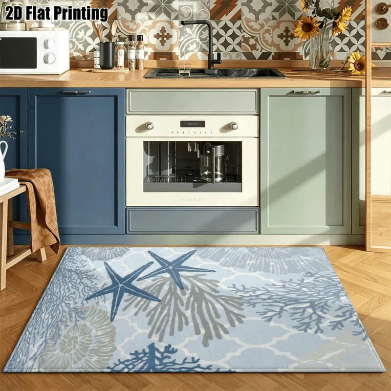 1Pc Morandi Ocean Style Starfish Coral Printed Carpet, Blue Fresh Style Decorative Floor Mat, Suitable for Living Room, Bedroom, Dining Room, Bedside, Indoor and Patio, Home Decorative Accessories