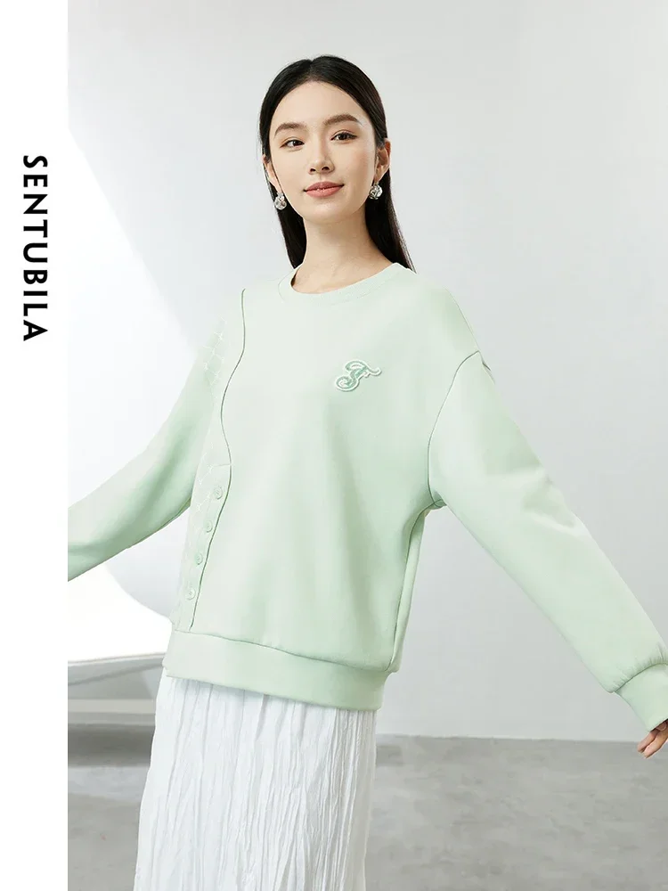 SENTUBILA Casual Oversized Cotton Sweatshirt for Women 2024 Autumn New O-neck Button Printing Drop Long Sleeve Tops 141A53412