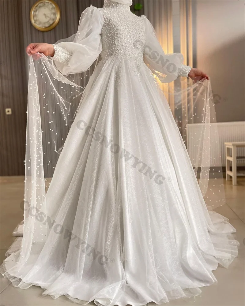 Vestido De novia musulmán De manga larga con cuentas De tul, cuello alto, Hijab, Árabe