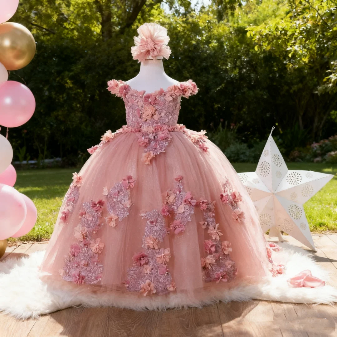 فستان فتاة الزهور لحفلات الزفاف ثلاثي الأبعاد مزين بالتول فستان الأميرة الفاخر للأطفال لحفلات أعياد الميلاد المسائية