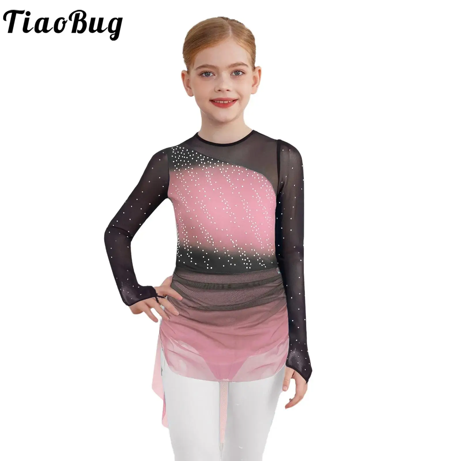 

Kids Girls Lyrical Dance Figure Skating Costume Modern Gymnastic Dancewear Long Sleeves Sparkly Rhinestones Gradient Mesh Dress