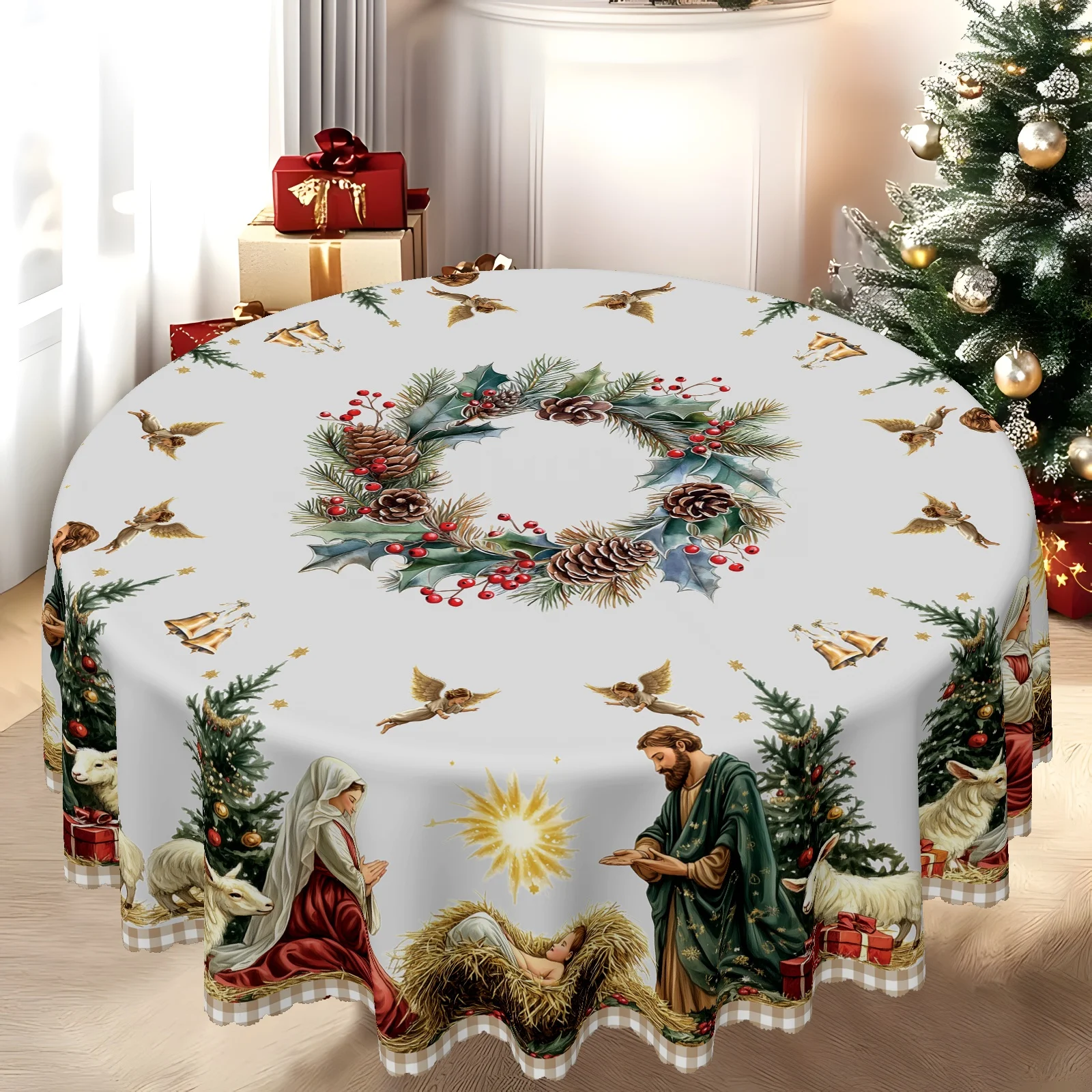 2D print Christmas nativity scene design tablecloth, perfect for winter celebrations, round tablecloth
