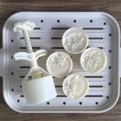 Classic Flower Pattern Moon Cake Mold, Including 1pc Mold And 4pcs Stamp, DIY Hand Press Cookie Stamps,  Baking Tools