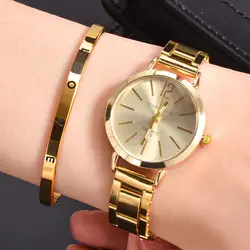 2 pezzi Set orologio da donna di lusso quadrante semplice cinturino cavo moda bracciale in oro orologio da polso al quarzo studente orologi da donna Reloj Mujer