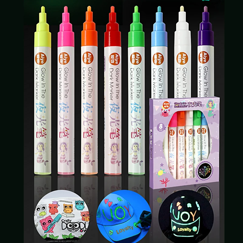 8 Colors Glow in The Dark Paint Markers Set DIY Glowing PenStudent Graffiti Shining Highlighter Pen Write on Fabric Wood Rubber