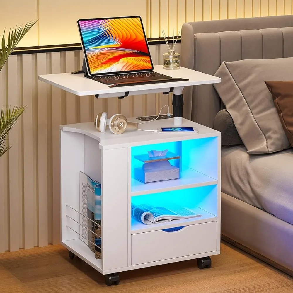 

HNEBC LED Nightstand with Wireless Charging Station,White Nightstand Has Adjustable Rotary Table,Bedside Tables