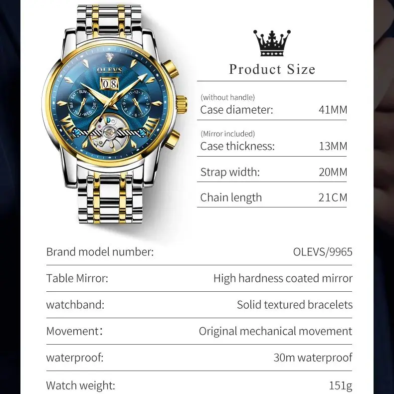 OLEVS Luxury Brand Automatic Mechanical Watch for Men Multifunctional Date Luminous Waterproof Stainless steel Skeleton Flywheel