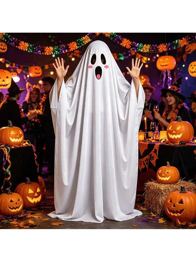 Halloween Children's Ghost Costume Makeup Demonstration Parent-Child Matching White Robe Polyester Fiber Home Use Scene