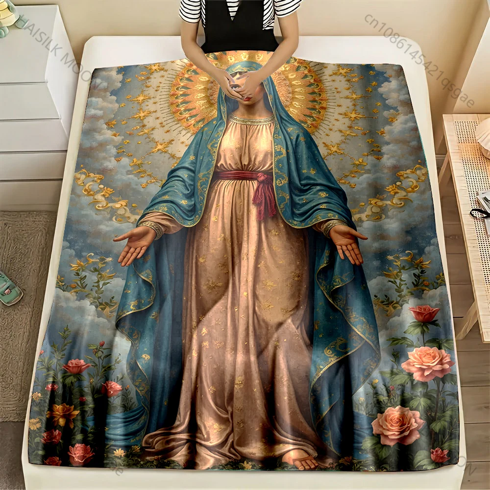 1PC Virgin Mary with floral halo Print Blanket Warm Soft Fluffy Kids and Adult Sofa Bed Throw Blanket Outdoor Travel Camping RV
