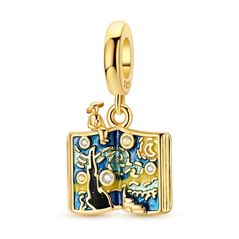 925 Sterling Silber Original Gold Serie Buch Stern Mond Nacht Anhänger Charms Perlen Passend für Armband DIY Anhänger für Damen Schmuck