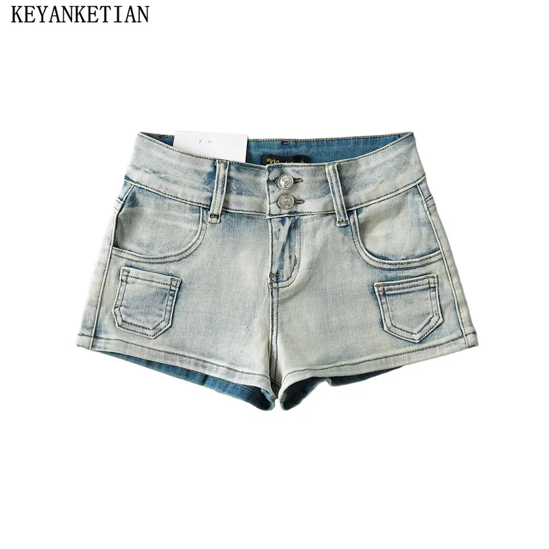 

KEYANKETIAN 2024 New Launch Women's Zipper Low-rise Wash Denim Shorts Summer Retro Two-Button Decoration Skinny Jeans Hot Shorts