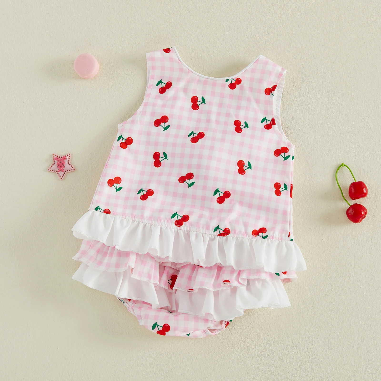 Baby Girls Summer Outfits Cherry Print Sleeveless Tank Tops Elastic Ruffled Bow Shorts Set Cute Baby Girls Clothes