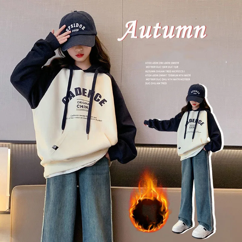 Autumn Winter Children Girl Thicken 2pcs School Girl Contrast Casual Hooded Sweatshirt+Straight Denim Pants Students Clothes Set