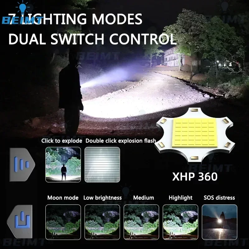 15000lm Xhp360 High Power Led Zaklamp Krachtige Tactische Zaklamp Oplaadbare Super Lange Afstand Outdoor Noodlantaarn