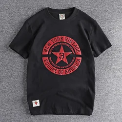 Summer American Retro Short-sleeved O-neck Pentagram Printed T-shirt Men's Fashion Simple 100% Cotton Washed Casual Sport Tops