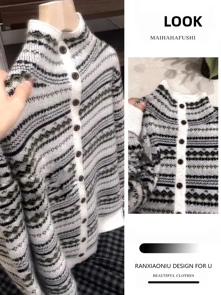 

Модный вязаный комплект Fair Isle для женщин: весенний кардиган с полосками и цветовыми блоками, на одной пуговице, стильная одежда для взрослых