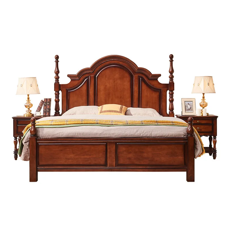 

American country full solid wood bed, retro Roman column double bed