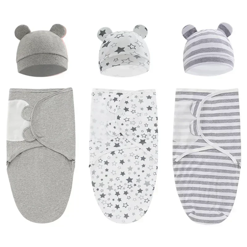 Conjunto de gorro y manta para bebé, manta ajustable de algodón con estampado de dibujos animados para recién nacido, envolturas para dormir para todas las estaciones de 0 a 6 meses