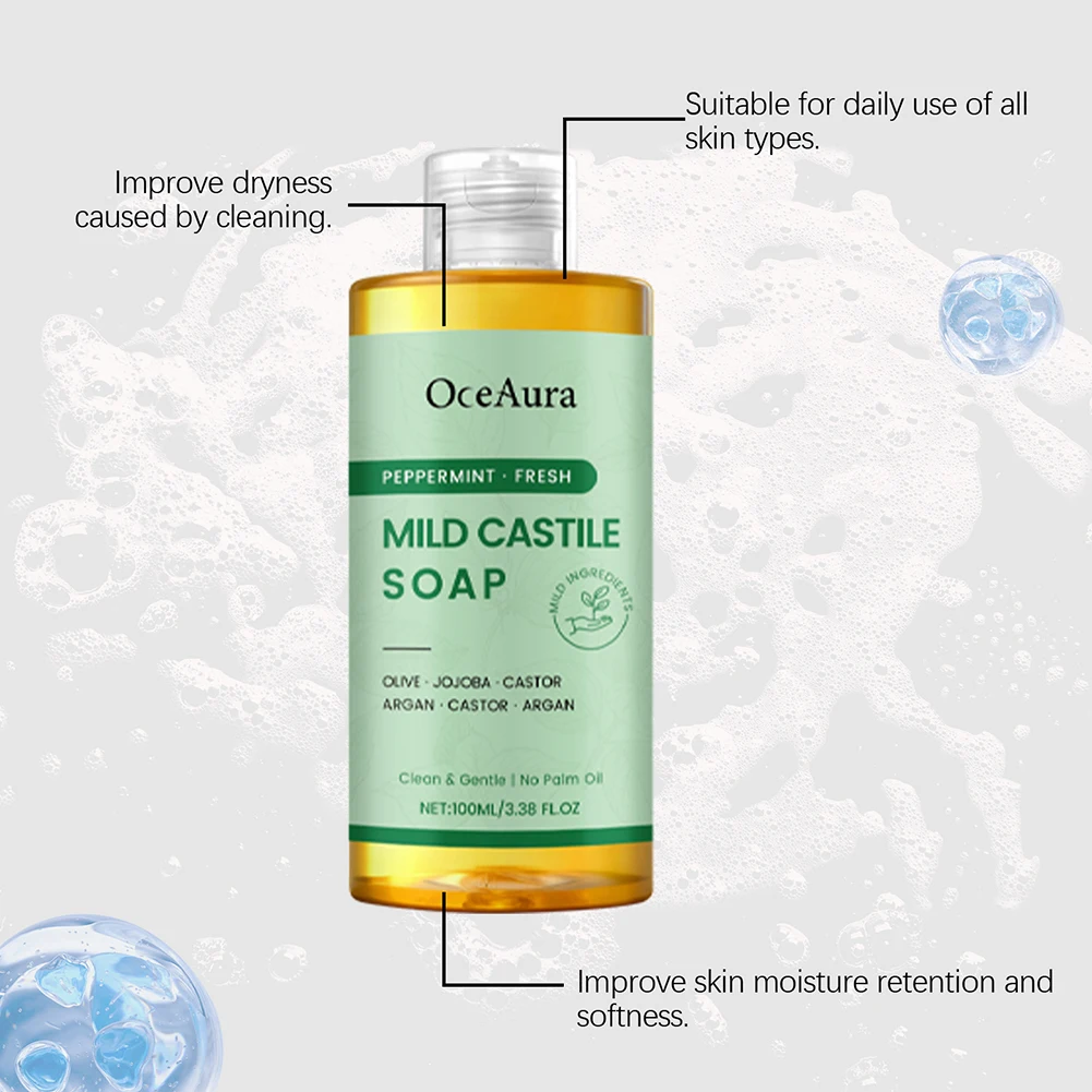 100ml Castiles Soaps Unscented,Refreshing Moisturizing Body Wash For Dry Skin,Sulfate Free Moisturizing Daily Body Cleanser