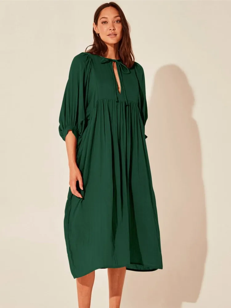 Boho Casual Shirt Dress Women Loose Solid Lantern Sleeve V-neck Lace-up Loose Beg Hem Long Dresses Vintage Sundress Robe Femme