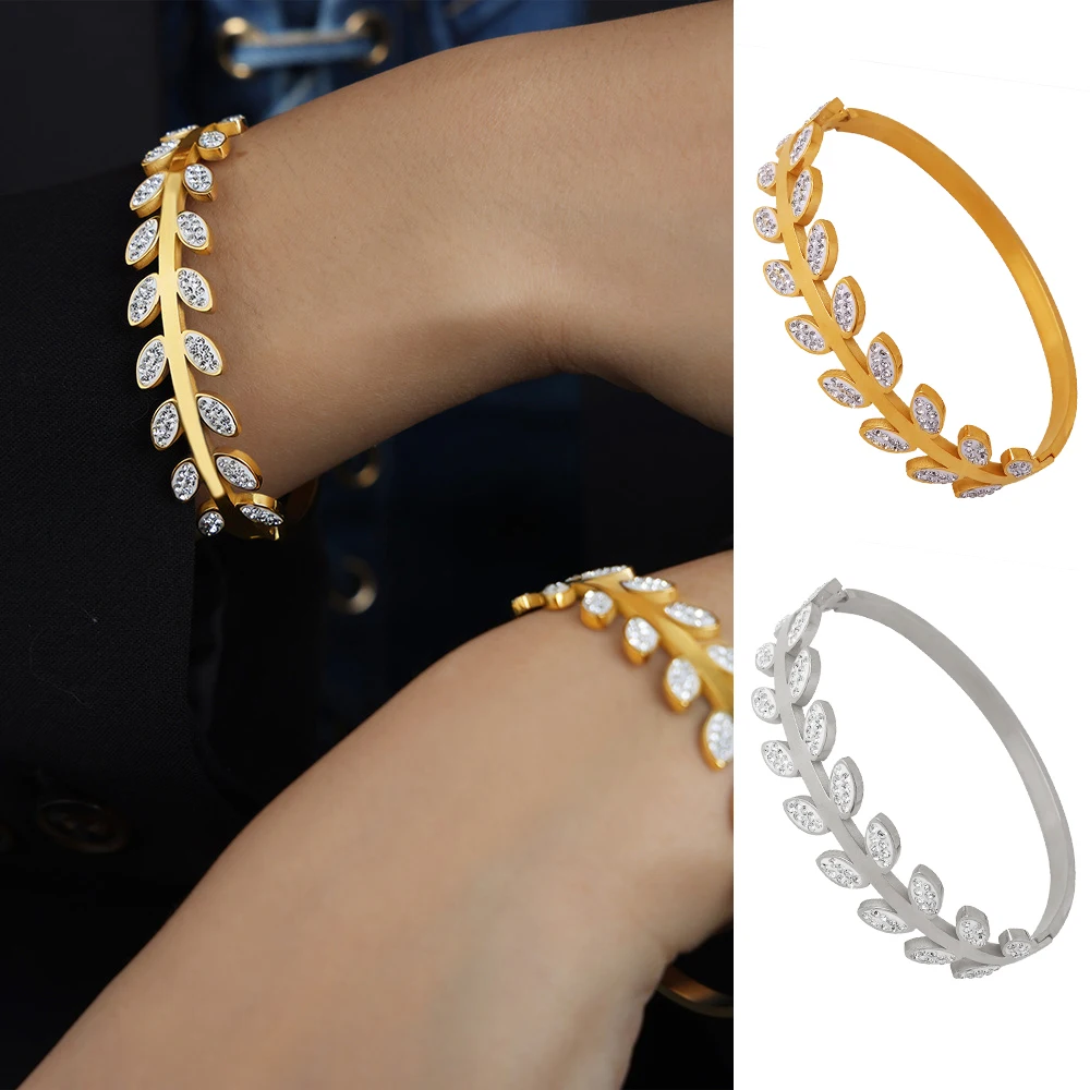 Leaf Design Bracelets For Women Stainless Steel 2 Colors Zircon Round Circle Bangles Woman Luxury Jewelry