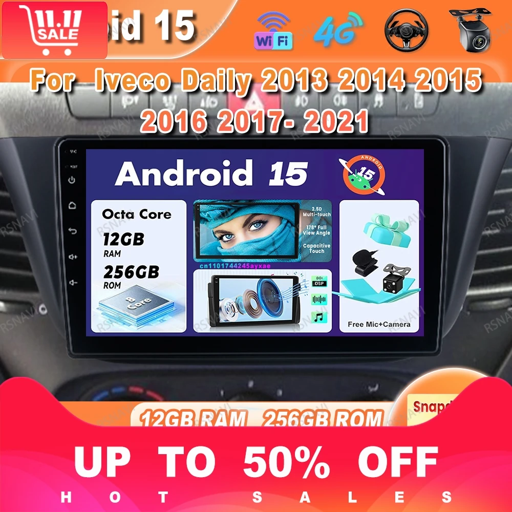 Android 15 Car Radio  Iveco Daily 2013-2019 2020 2021 Navigation Wireless Carplay Auto Viedo Player QLED Stereo BT Qualcomm DVD
