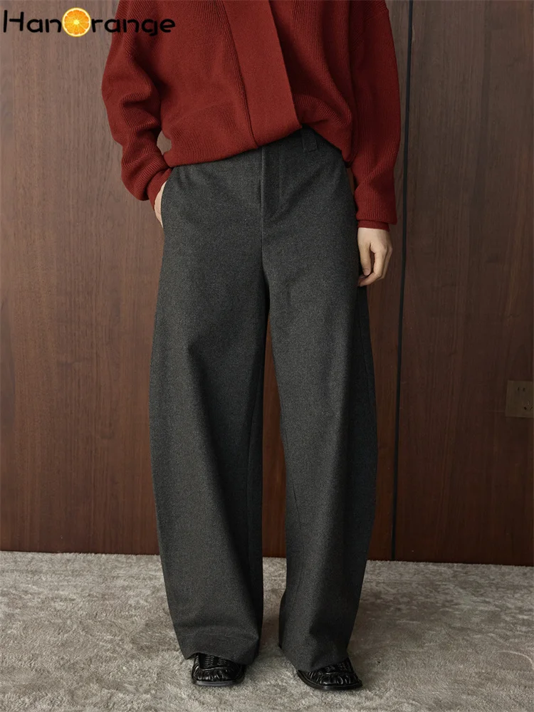 Hanorange 2025 inverno moda lã curvada faca em forma de calças femininas soltas alisamento flacidez cinza escuro