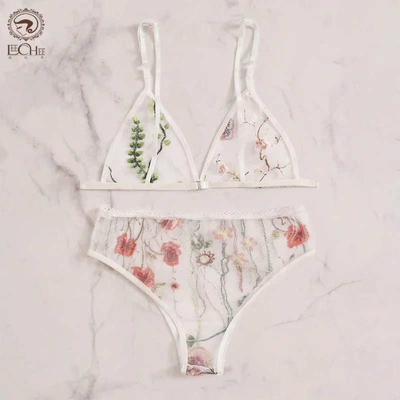 LEECHEE Bra Set Floral Embroidery Bra For Women Comfortable White Gauze Lingerie Set Transparent Sexy Lingerie Female Underwear